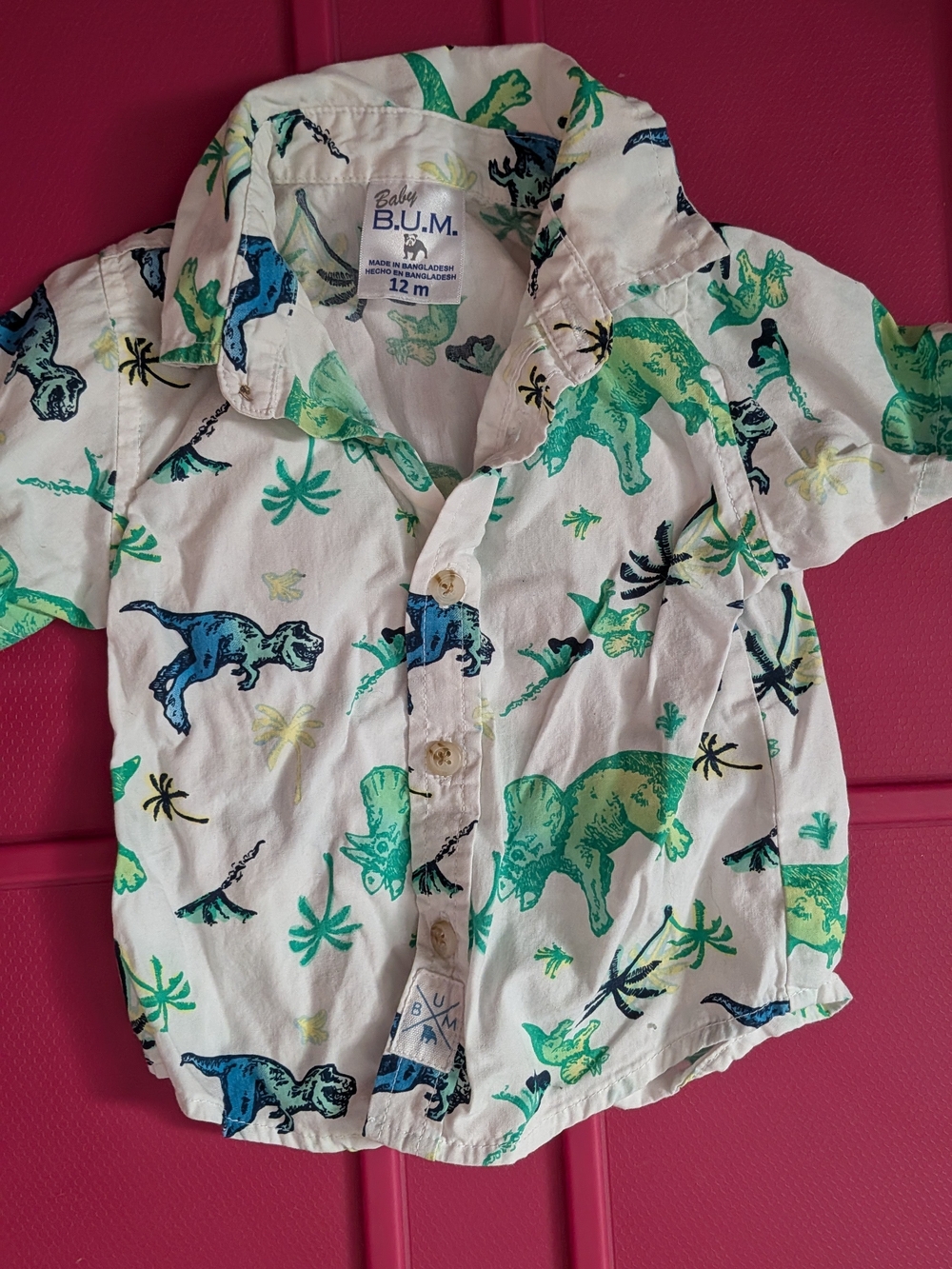 White Dinosaur Print Button-Up Shirt - 12M